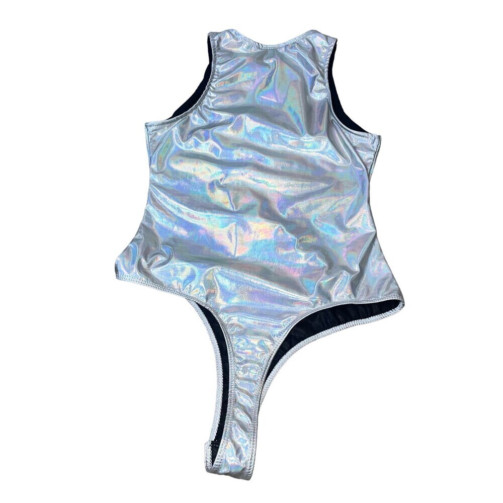 NEW Polly & Esther body suit metallic silver thong style high neck SZ MD